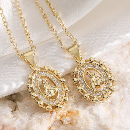 Vintage Minimalist Geometric 18K Gold Plated Brass Cubic Zirconia Virgin Mary Pendant Necklace for Women