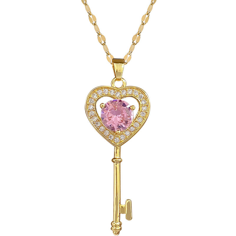 Sweet Minimalist Heart Geometric Rhinestone Brass Pendant Titanium Steel Necklace for Unisex