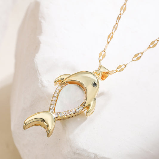 Minimalist 18K Gold Plated Brass Geometric Fish Pendant Necklace with Cubic Zirconia for Women