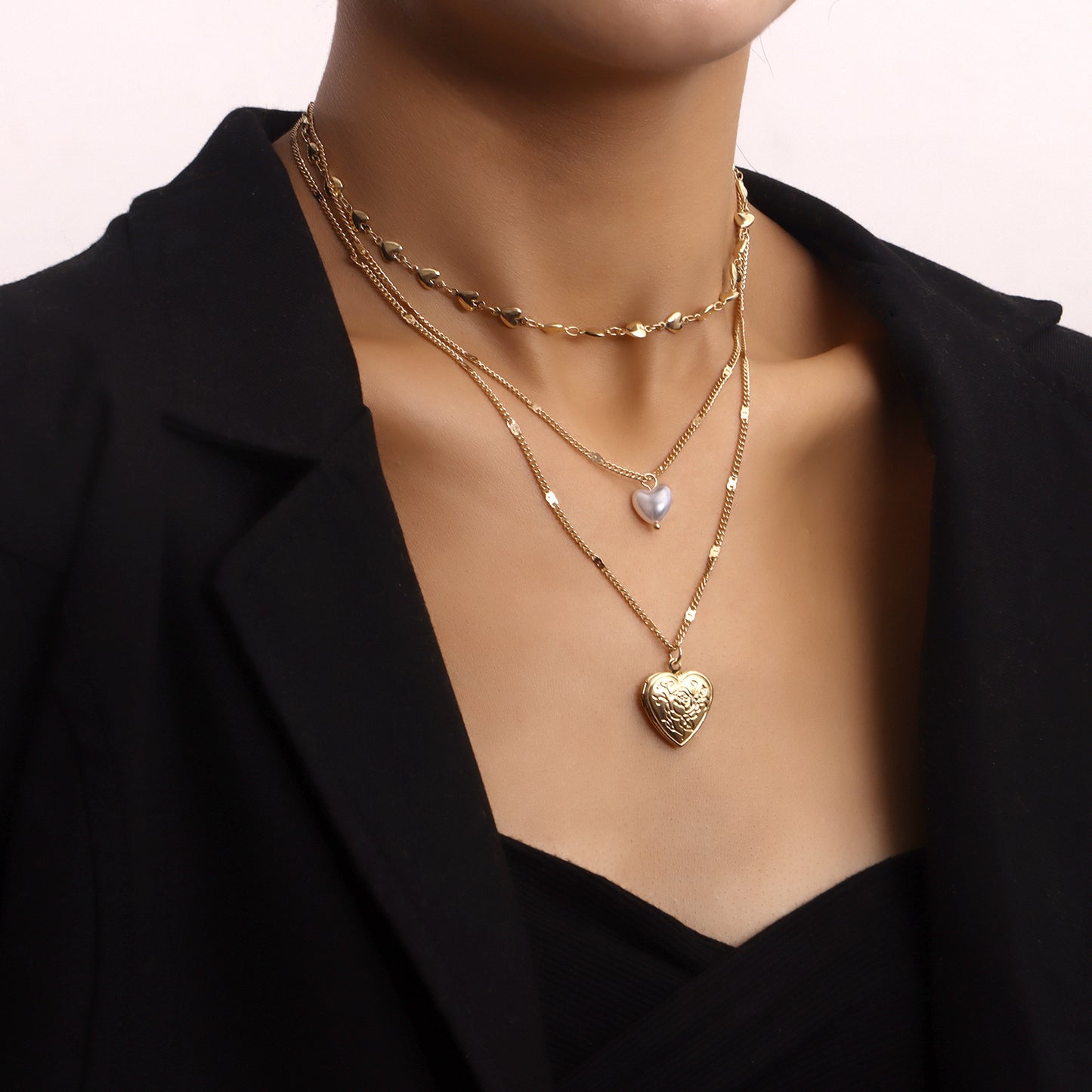 Charming Multi-Layer Heart-Shaped Pendant Necklace with Pearl Accents and Openable Charm for Women in Alloy with Plated Finish