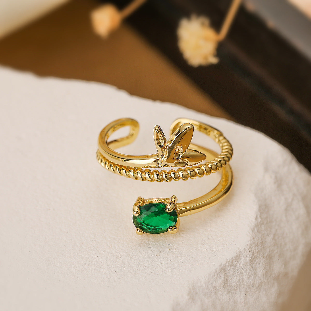 Minimalist Geometric Butterfly and Wheat Motif Open Ring for Women in Copper with 18K Gold Plating and Zircon Inlay