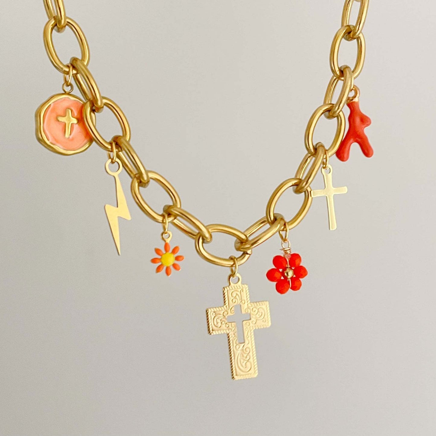 Collana a Cuore Floreale Rustico in Acciaio al Titanio con Ciondoli a Ciliegia e Anguria su Catena Elettroplaccata da Donna