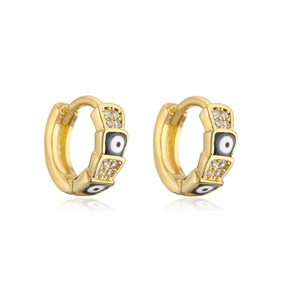 Minimalist Geometric Copper Earrings with Real Gold Plating and Enamel Eye Detail