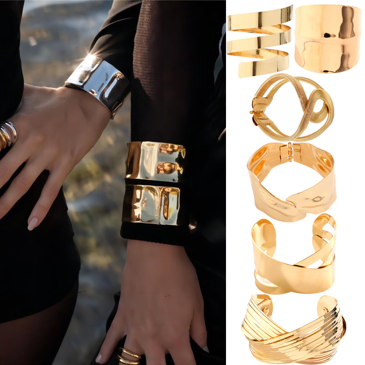 Pulsera de metal geométrica minimalista estilo francés con diseño ahuecado, acabado pulido y diseño abierto