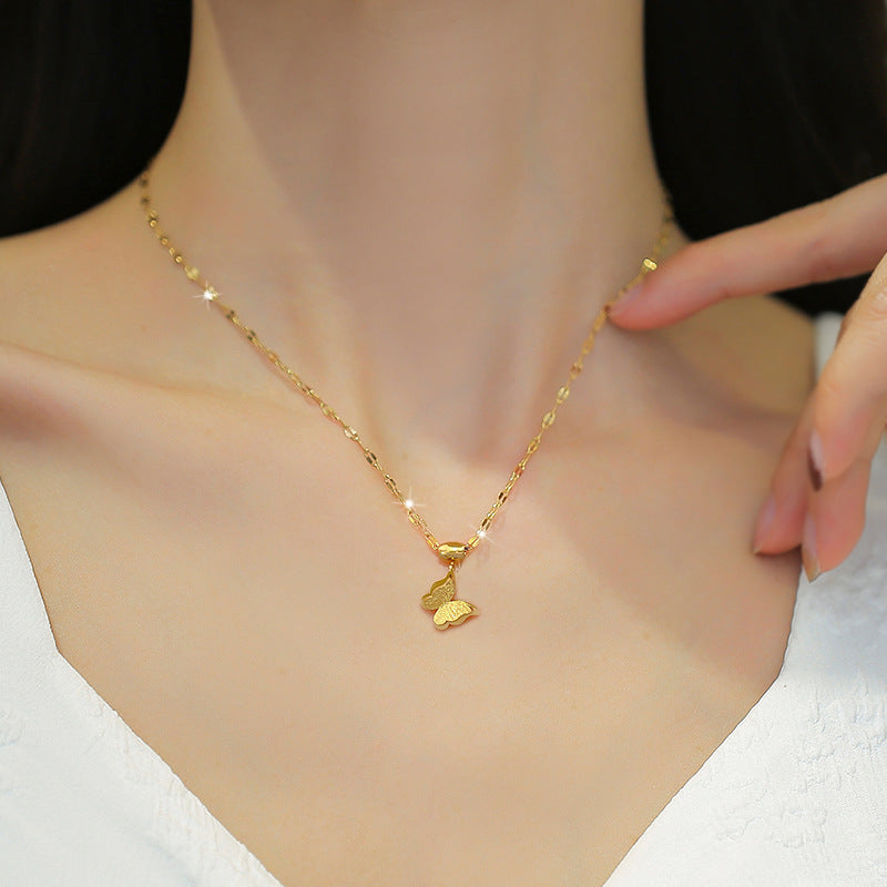 Minimalist Luxury Butterfly Geometric Titanium Steel Collar Chain Women's Floral Pendant Necklace