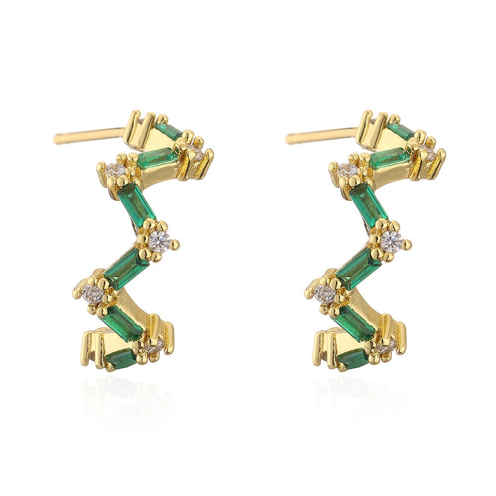 Geometric Earrings for Women in Copper with 18K Gold Plating and Green Zirconia, Fashion-Forward Minimalist Design