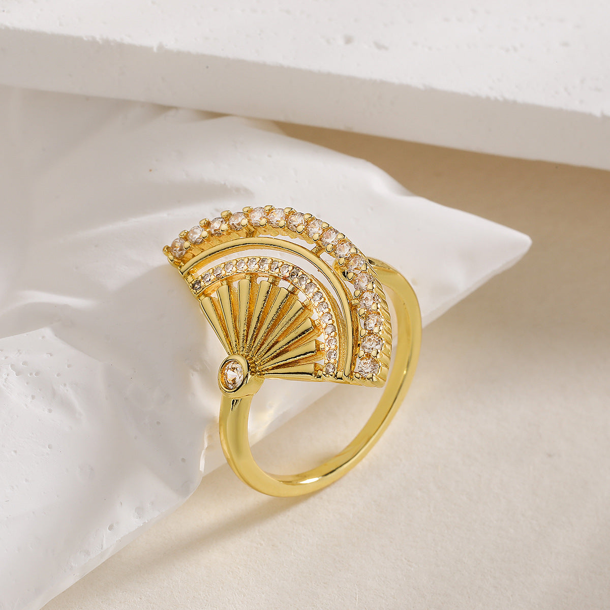 Minimalist Geometric Copper Ring with Real Gold Plating and Zircon Inlay for Women