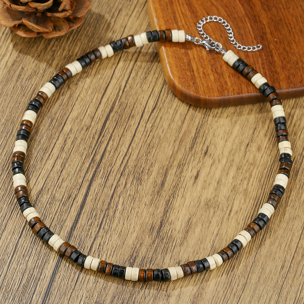 Bohemian Geometric Round Wood Bead Stainless Steel Cable Chain Necklace for Unisex