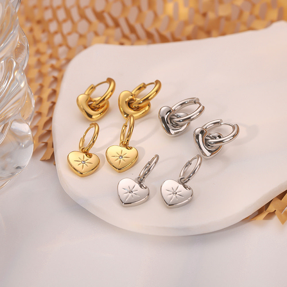 Orecchini a Cuore Minimalisti in Acciaio Inossidabile con Placcatura in Oro 18K e Intarsi in Zirconi per Donne
