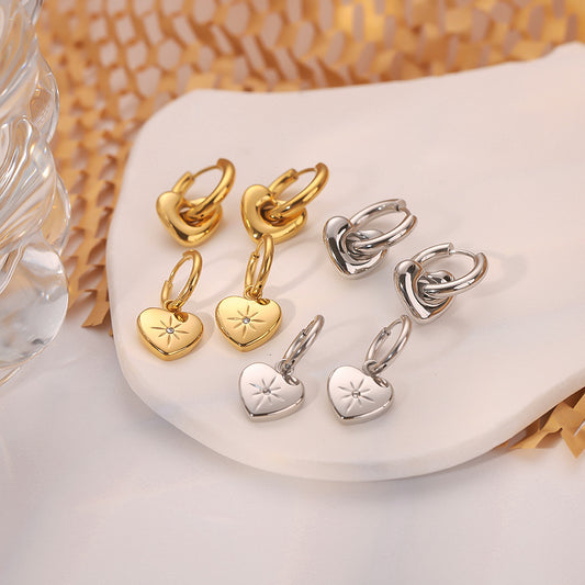 Minimalist Heart-Shaped Stainless Steel Earrings with 18K Gold Plating and Zircon Inlay for Women