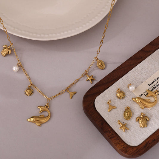 Sweet Plated Titanium Steel DIY Charm Bar Necklace with Pearl Star Animal Pendants Unisex Corn Chain 15g