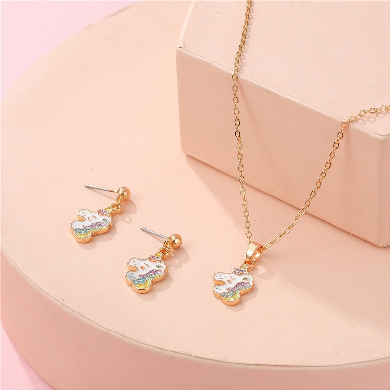 Set di Orecchini a Perno e Collana con Animali dei Cartoni Animati per Bambini, Gioielli in Lega con Finitura Smaltata e Accenti di Strass