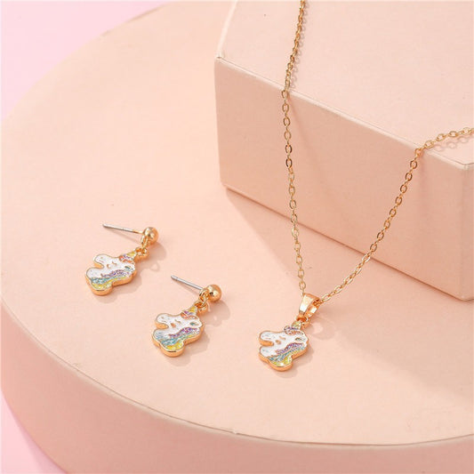 Aretes de dibujos animados de animales y conjunto de collar para niños, joyería de aleación con acabado de esmalte y detalles de diamantes de imitación