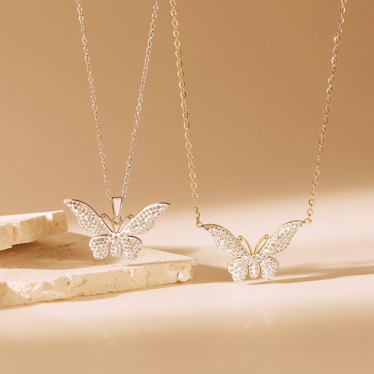 Minimalist Butterfly Pendant Necklace for Women Made of Titanium Steel with Zircon Inlay, Delicate Clavicle Chain