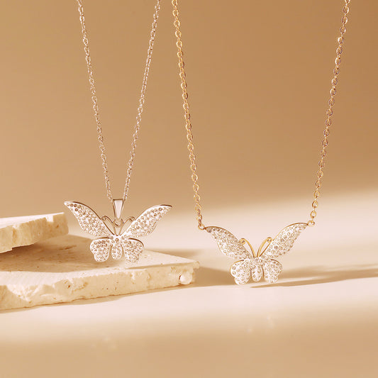 Minimalist Butterfly Pendant Necklace for Women Made of Titanium Steel with Zircon Inlay, Delicate Clavicle Chain
