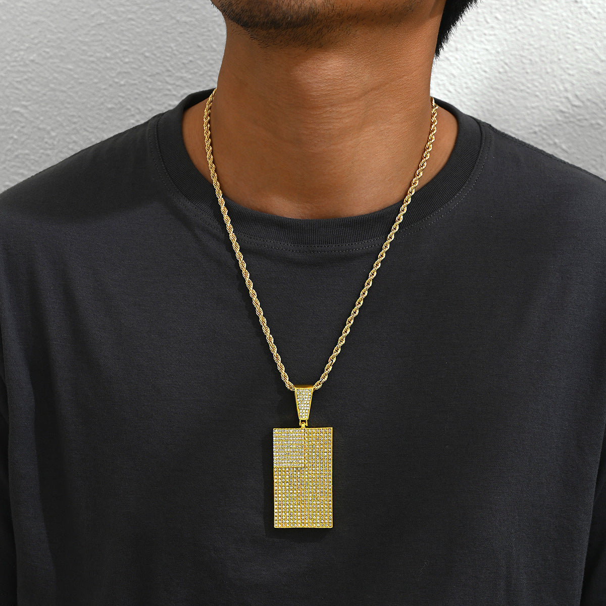 Hip Hop Style Square Pendant Necklace in Zinc Alloy with Rhinestone Inlay on Cuban Chain for Women