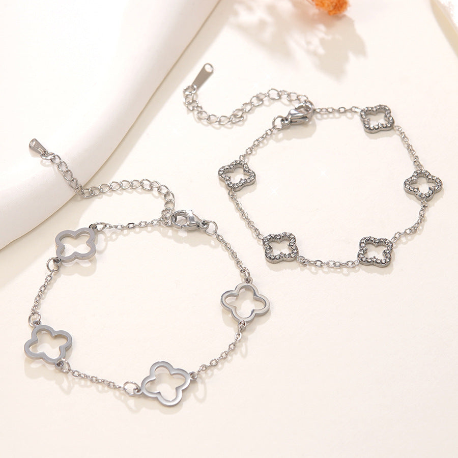 Elegant Stainless Steel Four-Leaf Clover Rhinestone Bracelet for Women
