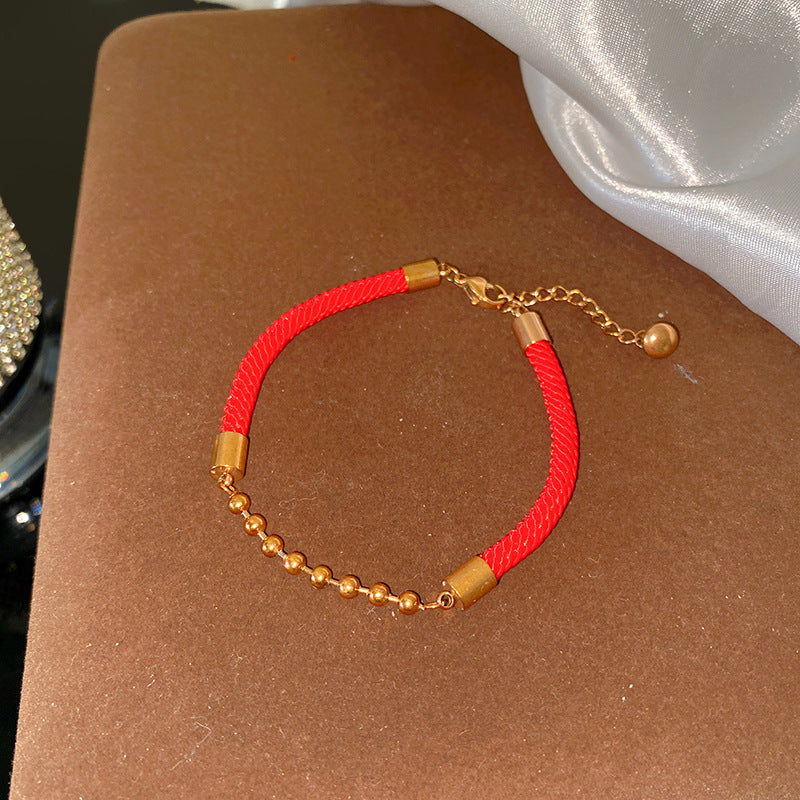 Minimalist Sweet Round Titanium Steel Plated Bracelet with Red Cord