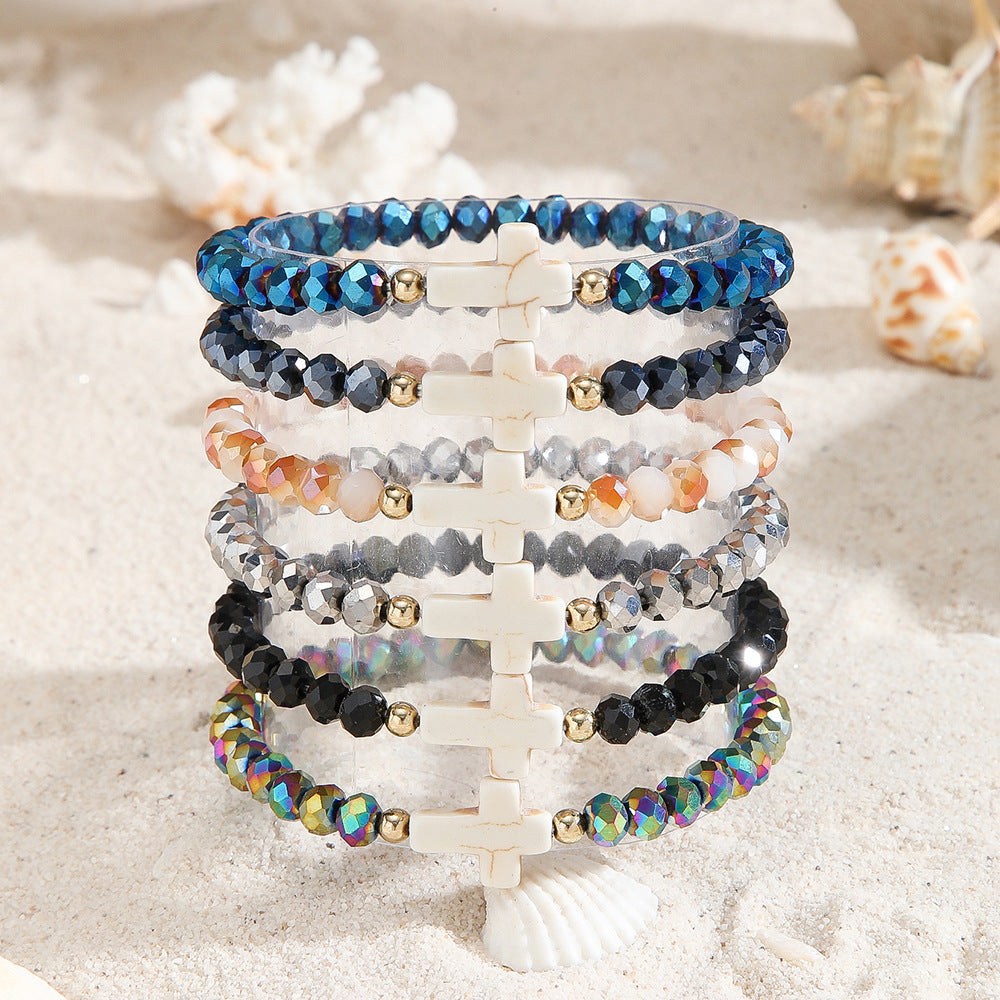 Bohemian Sweet Geometric Cross Crystal Turquoise Handmade Beaded Bracelet Set for Women