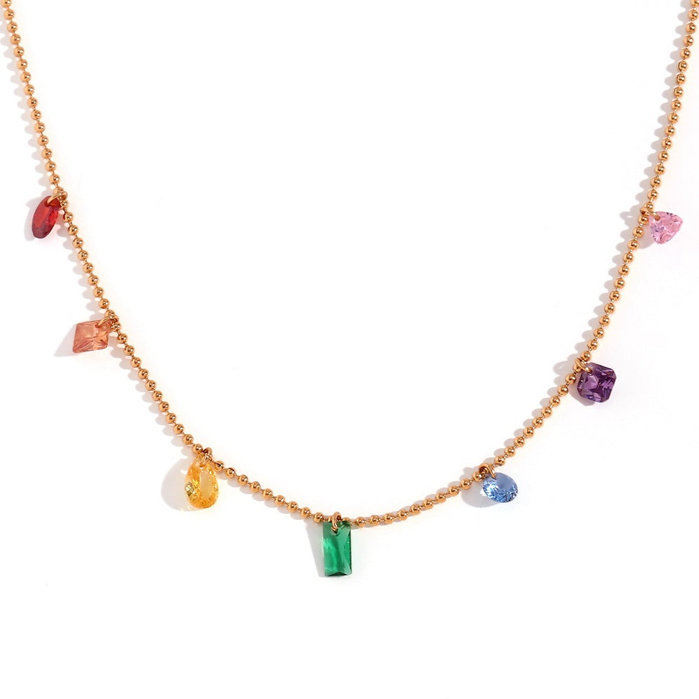 Minimalist Geometric Stainless Steel Plated 18K Gold Colorful Zirconia Necklace for Women