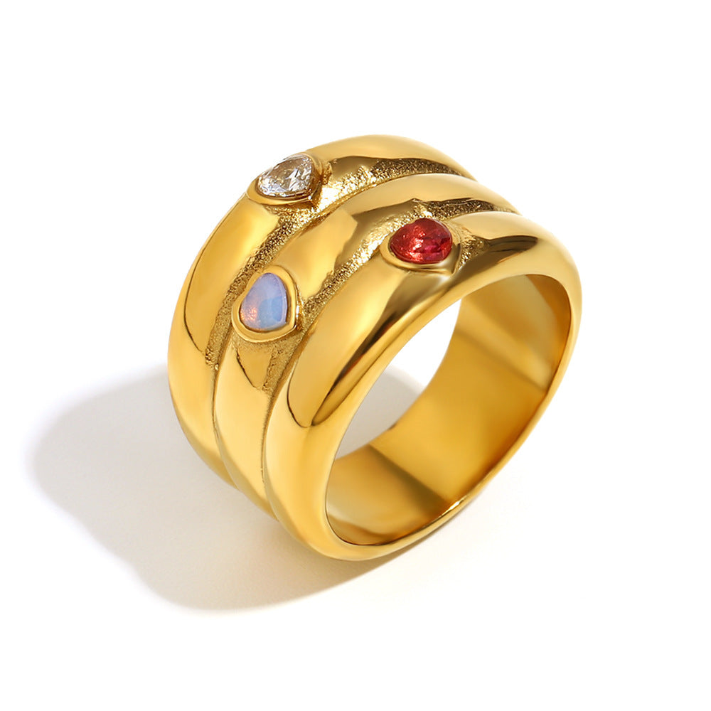 Anello Geometrico Minimalista da Donna in Acciaio Inossidabile con Placcatura in Oro 18K e Tre Zirconi