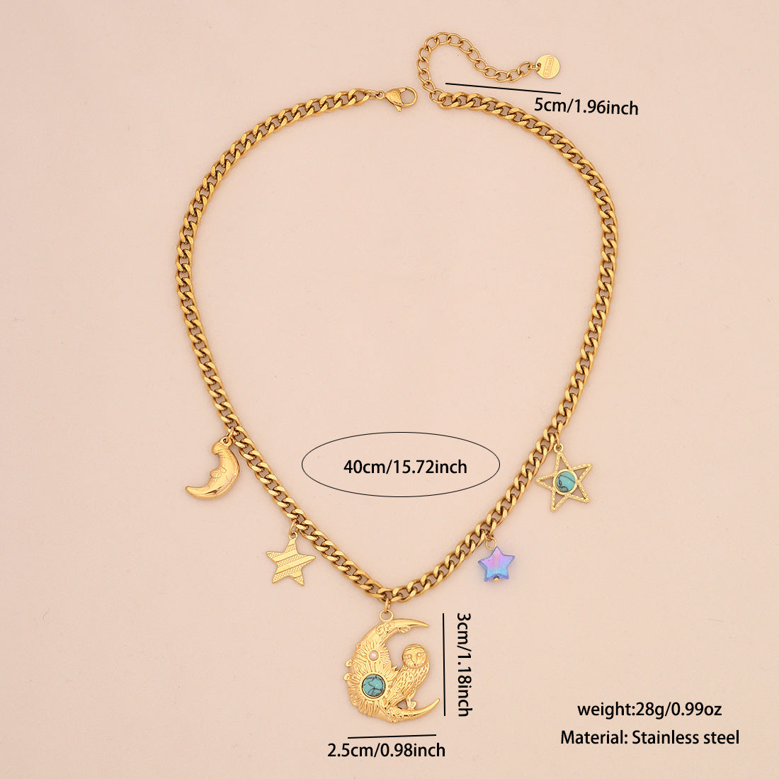 Personalized Star and Moon Colorful Glass Imitation Pearl Stainless Steel Necklace