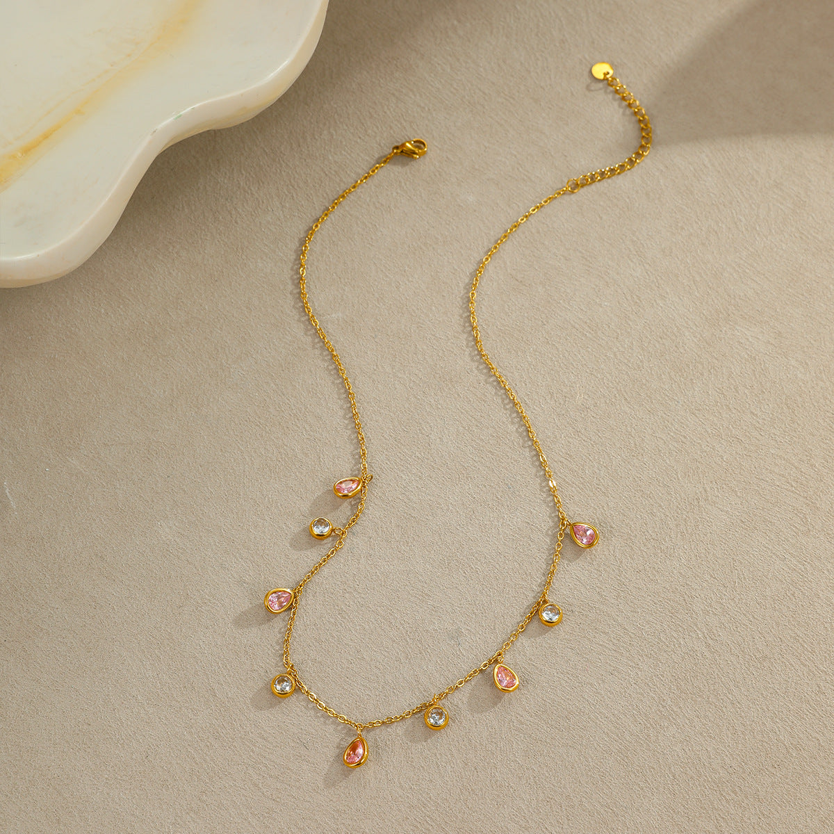Fashionable Geometric Stainless Steel Pendant Necklace with Colorful Zircon Tassels Plated in 18K Gold for Women