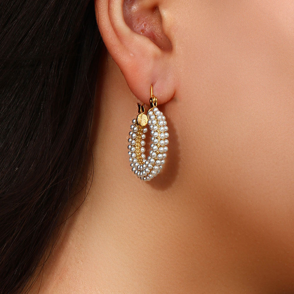 Orecchini Minimalisti Geometrici in Acciaio Inossidabile con Placcatura in Oro 18K e Intarsio di Perle Intere per Donne