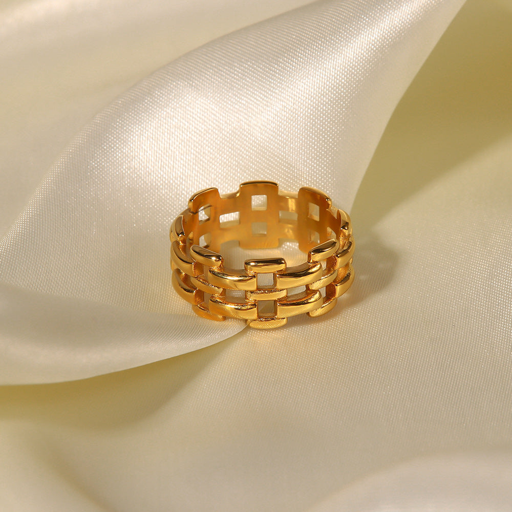 INS Style Geometric Hollow Titanium Steel Ring with 18K Gold Plated Finish for Women, Stainless Steel Band, Hypoallergenic Luxury Fashion Ring