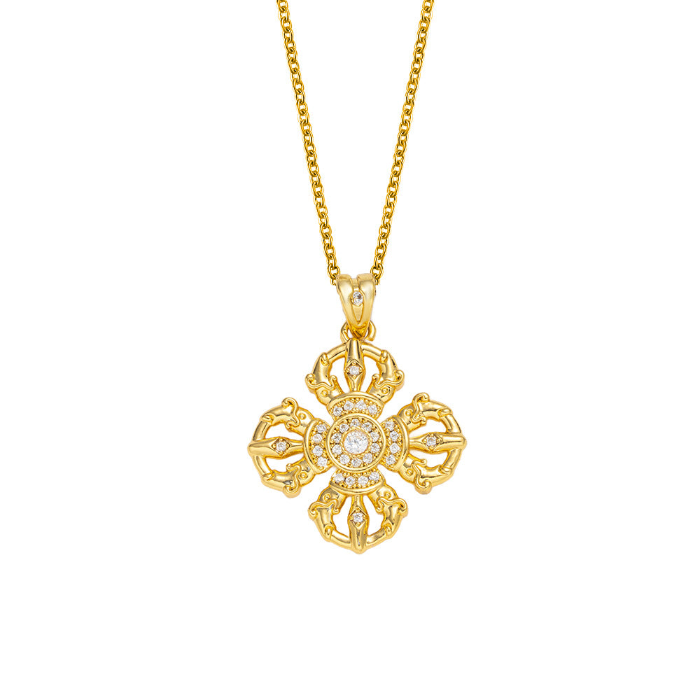 Luxury Minimalist Cross Vajra Pendant Necklace for Women in Titanium Steel with Gold Plating and Zircon Inlay on O-Chain