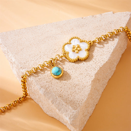 Vintage-Inspired Floral Five-Petal Flower Turquoise Shell Bracelet with Gold-Plated Stainless Steel Chain
