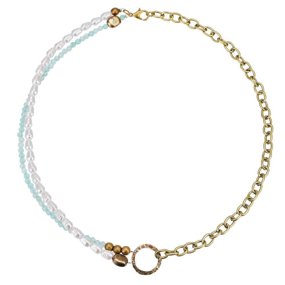 Retro Beach Vacation Style Geometric Pendant Necklace with Imitation Pearl and Glass Beads on Electroplated Alloy O-Chain for Women and Men