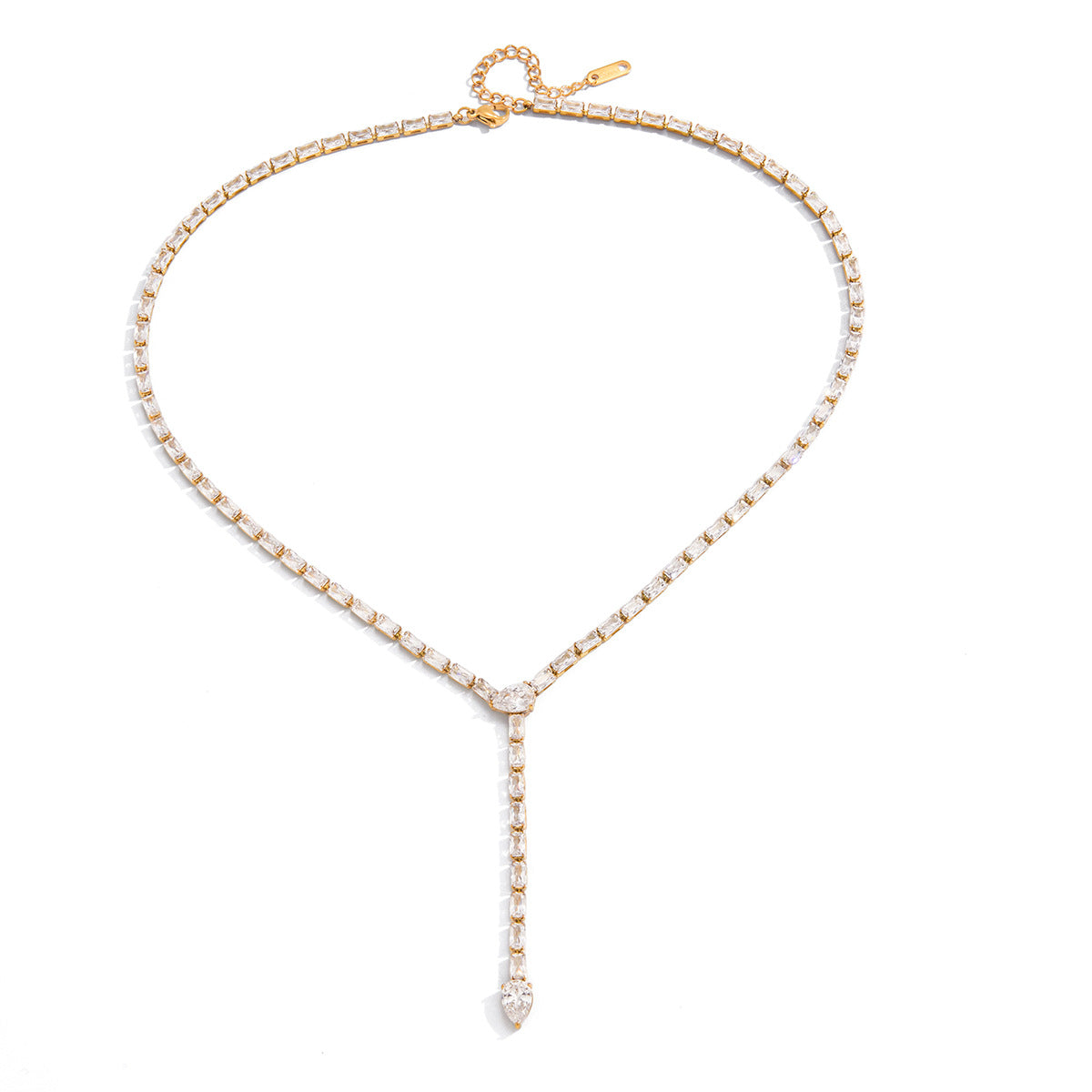Elegante collar tipo Y minimalista geométrico de circonita cúbica incrustada en acero inoxidable con cadena de serpiente para mujer