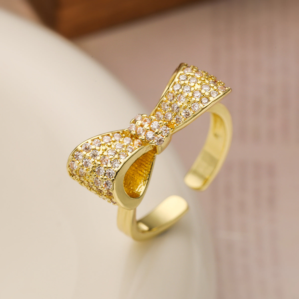 Sweet 18K Gold Plated Brass Geometric Bow Knot Ring with Cubic Zirconia for Women