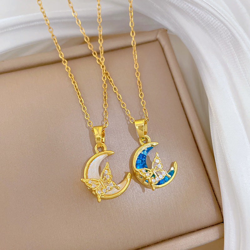 Sweet Elegant Moon Butterfly Rhinestone Shell Pendant Titanium Steel Necklace for Unisex