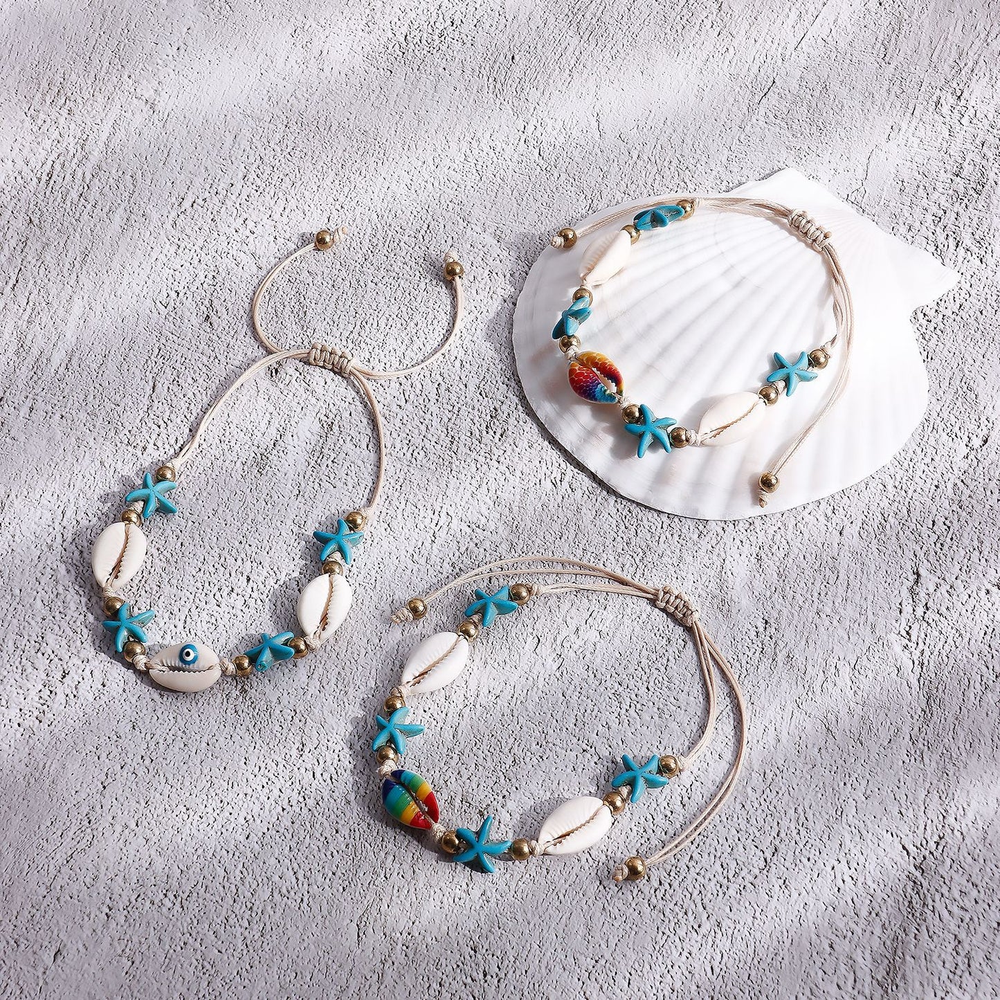 Handwoven Summer Beach Style Adjustable Anklet for Women with Star and Shell Motifs in Alloy