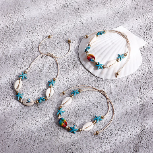 Tobillera Ajustable Tejida a Mano para Mujer Estilo Verano Playa con Motivos de Estrella y Concha en Aleación