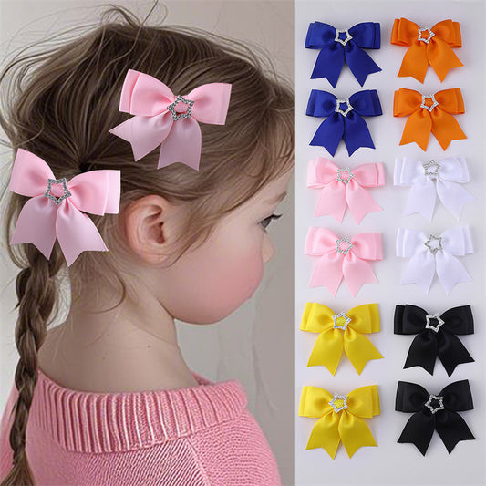 Pinza de pelo doble capa de estilo natural para niñas con detalles de diamantes de imitación en forma de estrella y lazo de cinta tejida