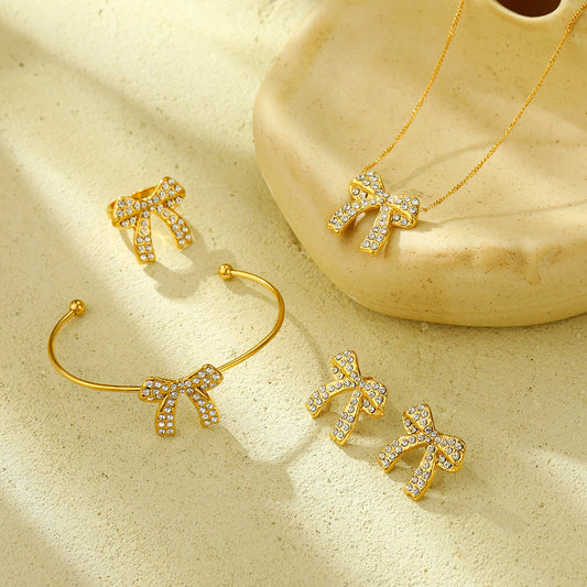 Pendientes de Lujo de Acero de Titanio en Forma de Lazo para Mujer con Incrustaciones Completas de Diamantes de Imitación y Acabado Bañado