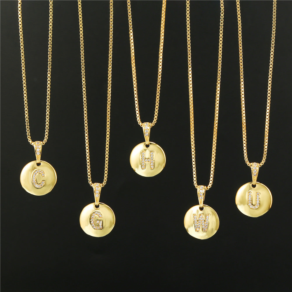 Vintage Sweet Geometric Letter Brass Inlay Cubic Zirconia Necklace Box Chain for Women