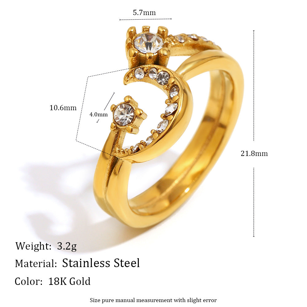 Anello geometrico minimalista in acciaio inossidabile placcato oro 18 carati con luna in strass da donna