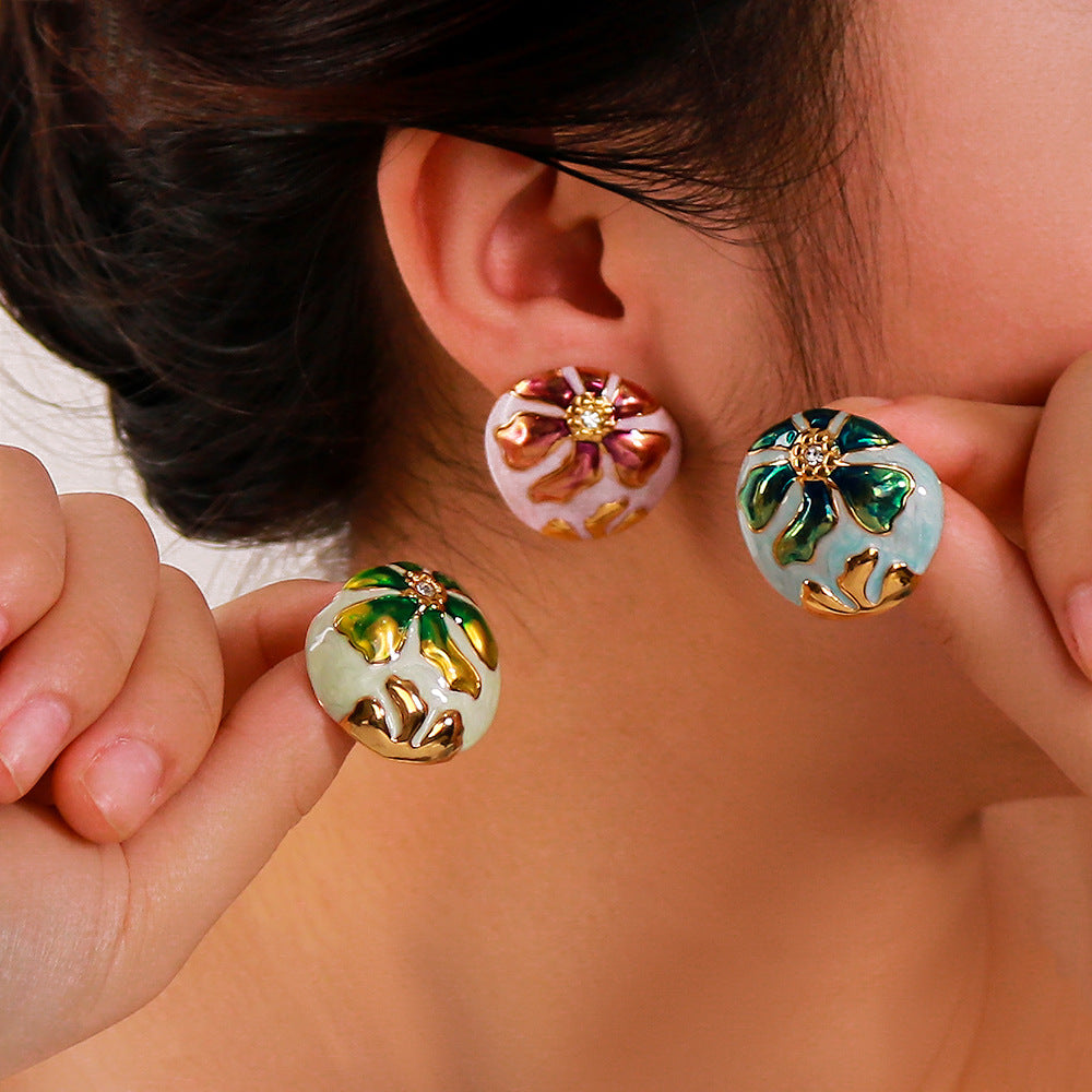 Bohemian Asymmetrical Oval Stainless Steel Earrings with Enamel Floral Pattern and 18K Gold Plating