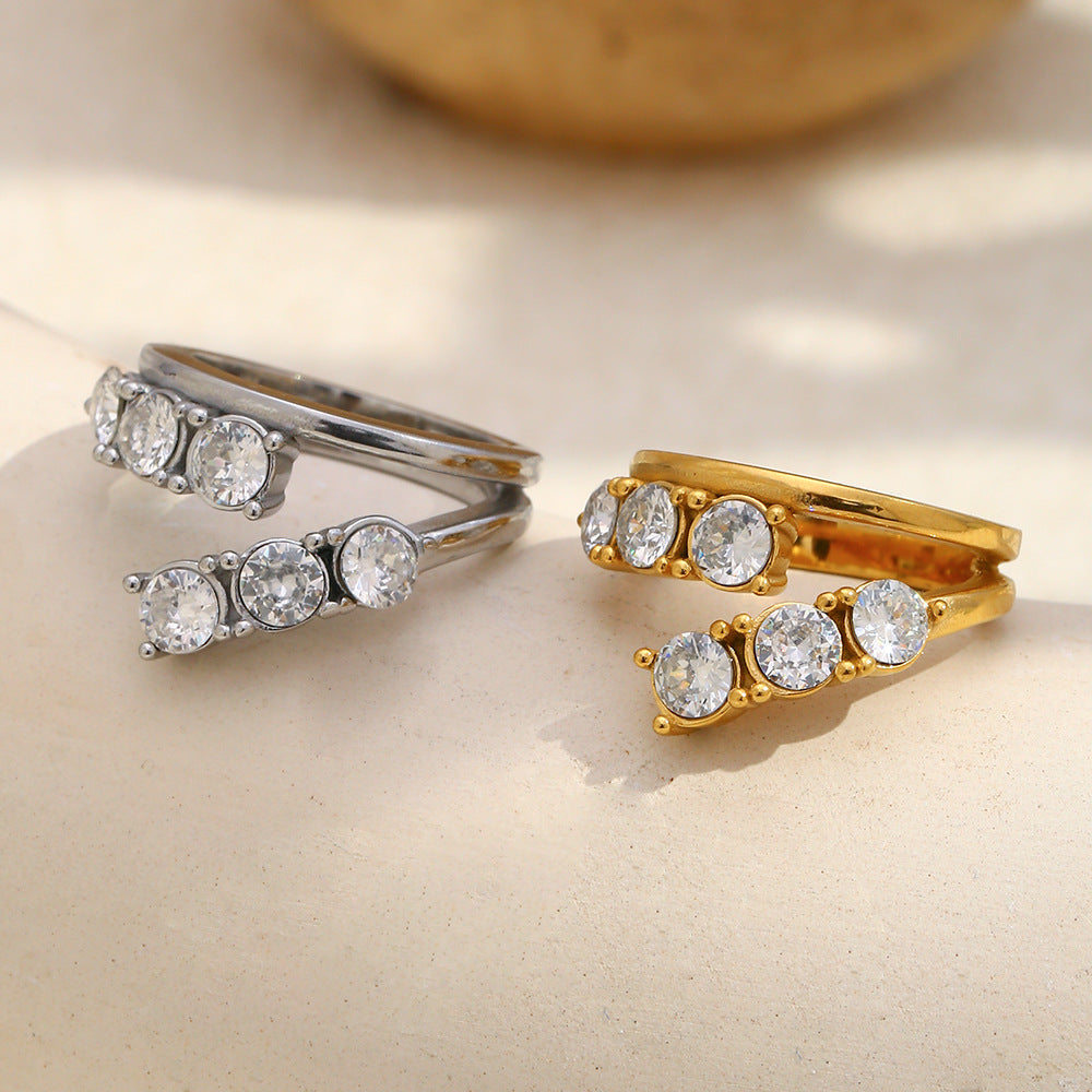 Minimalist Luxe Geometric Stainless Steel Ring with 18K Gold Vacuum Plating and Double-Layer Zirconia Accents