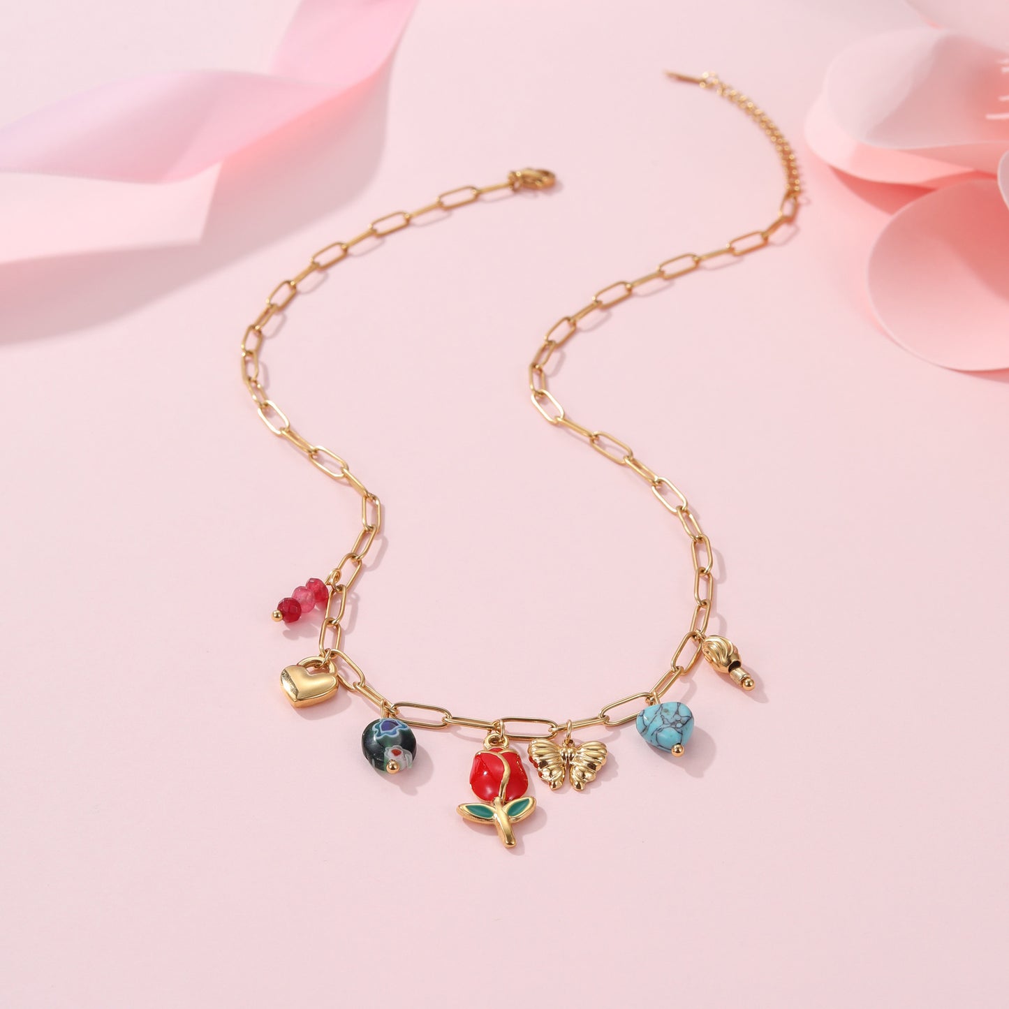 Fashion Floral Pendant Necklace for Women in Stainless Steel with Plated Finish, Heart and Geometric Shapes, Lightweight Luxury Clavicle Chain
