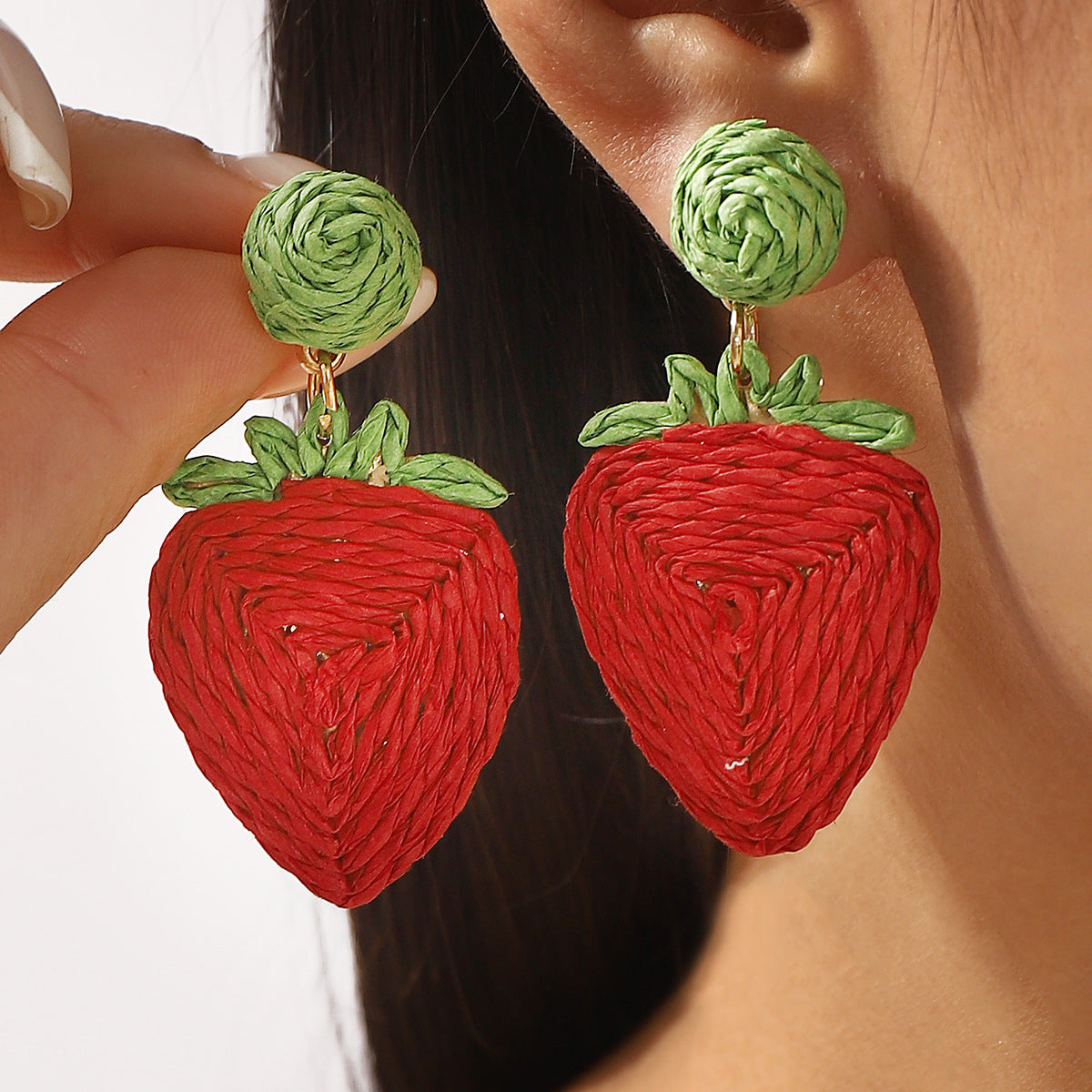 Pendientes de Aleación con Forma de Cereza y Fresa con Tejido de Rafia para Mujer, Pendientes de Fruta de Estilo Fresco y Dulce