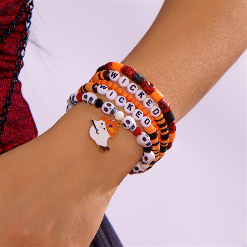 Juego de pulseras de aleación con dije de fantasma y calavera de Halloween dulce y atrevido con detalles de cuentas, regalo de festival unisex