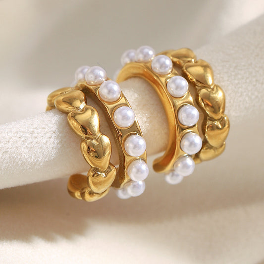 Orecchini Minimalisti a Cuore in Acciaio Inossidabile Placcati Oro 18K con Perle Simulate per Donna