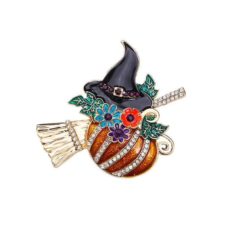 Halloween-Themed Pumpkin Witch Brooch with Magic Hat and Broomstick Design in Zinc Alloy with Enamel Finish