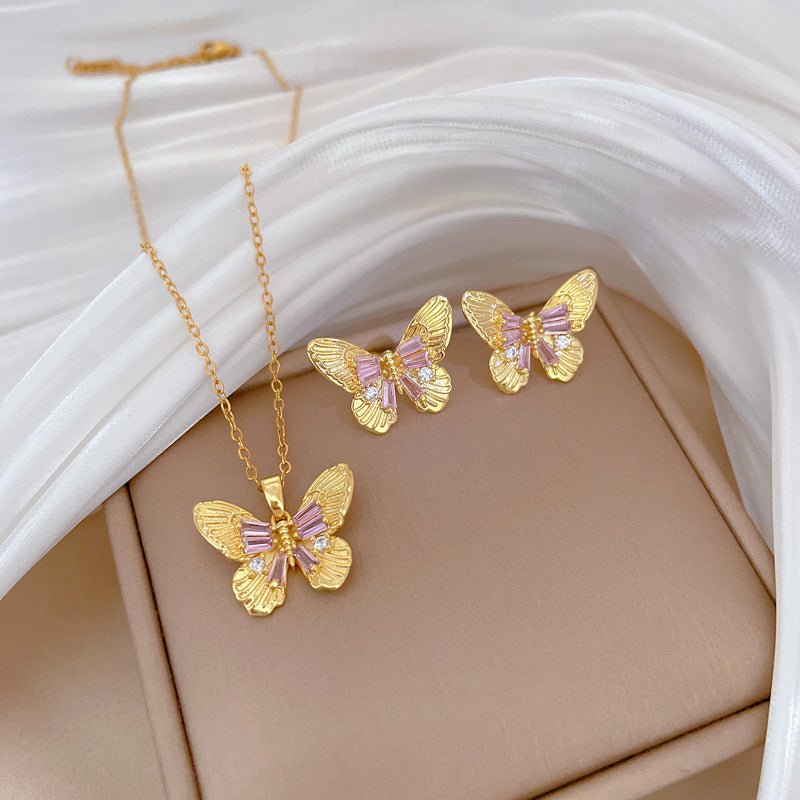 Luxury Plated Titanium Steel Butterfly Geometric Necklace and Earrings Set for Women