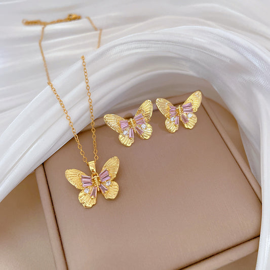 Conjunto de collar y pendientes geométricos de mariposa de acero de titanio chapado de lujo para mujer